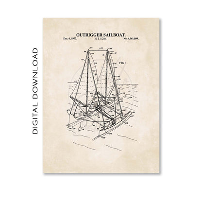 Outrigger Sailboat Patent Wall Art - Nautical Coastal Print - PRINTABLE DIGITAL DOWNLOAD