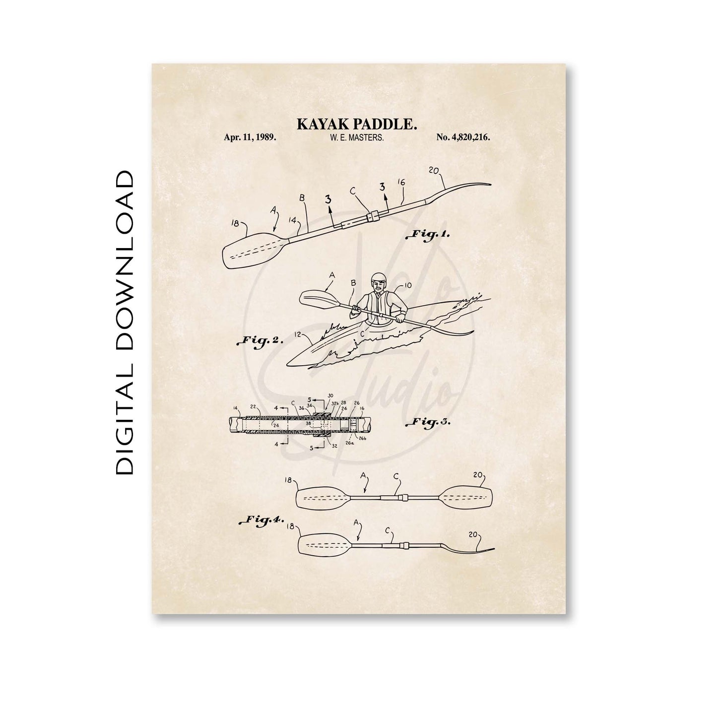 Kayak Paddle Patent Wall Art - Vintage Nautical Coastal Print - PRINTABLE DIGITAL DOWNLOAD