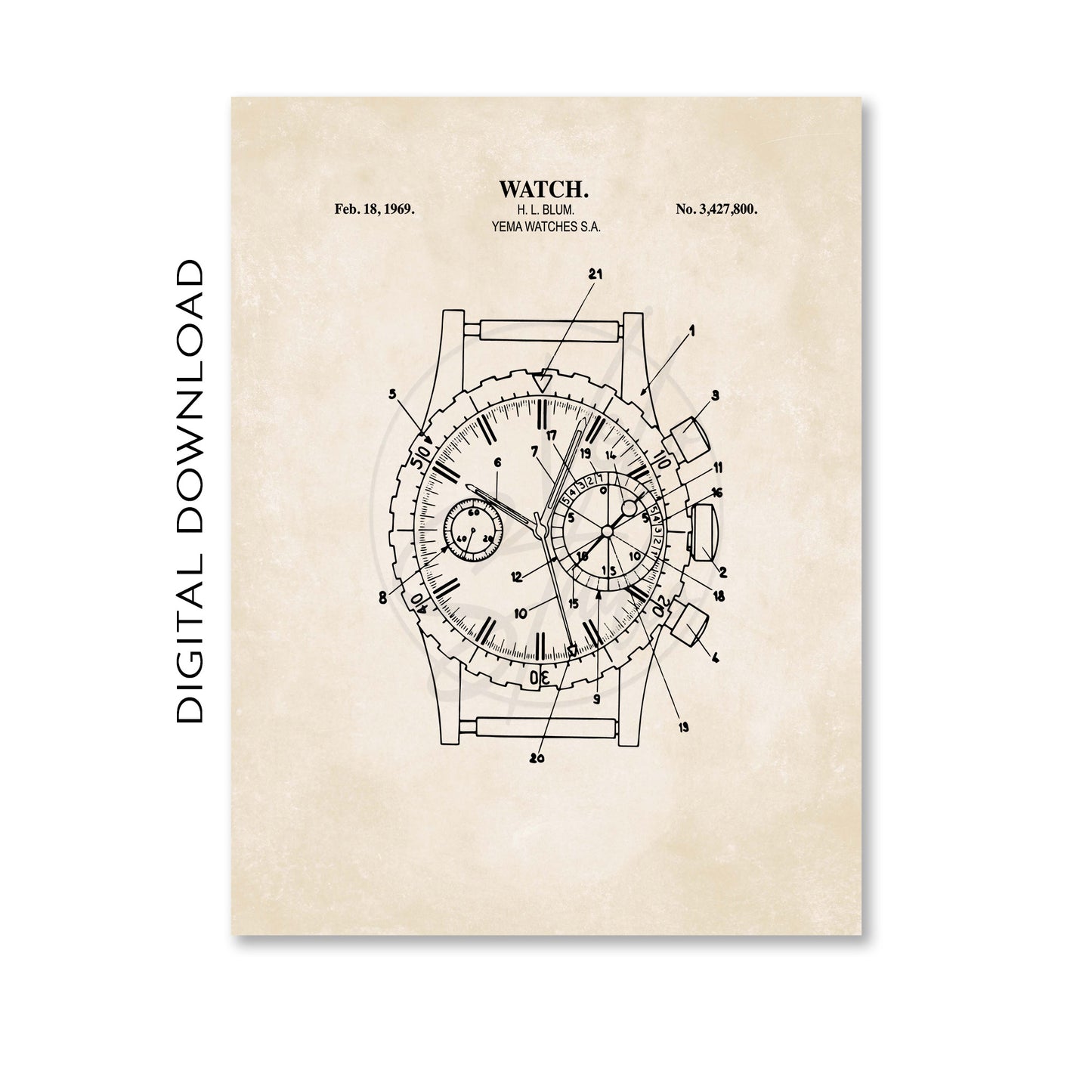 Watch 1969 Patent Wall Art  - PRINTABLE DIGITAL DOWNLOAD