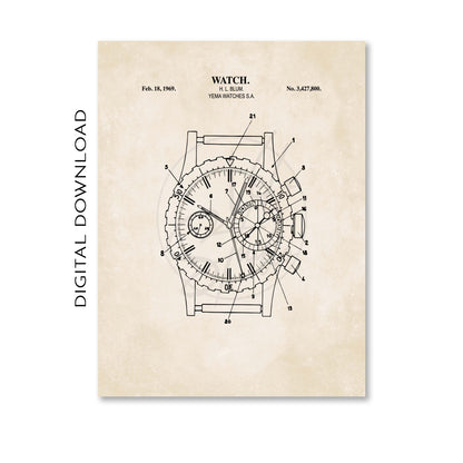 Watch 1969 Patent Wall Art  - PRINTABLE DIGITAL DOWNLOAD