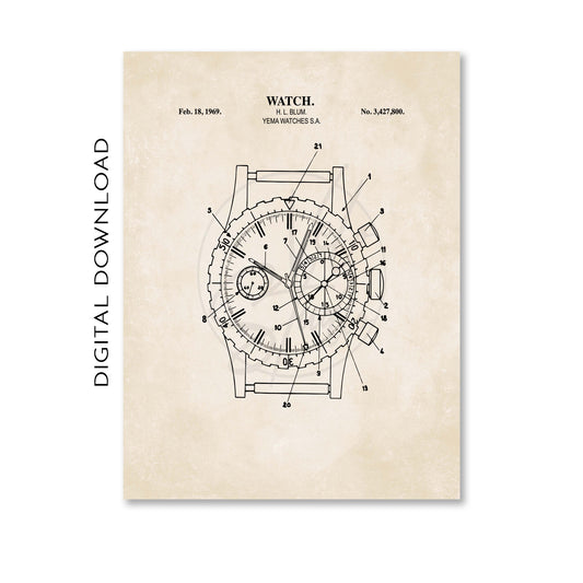 Watch 1969 Patent Wall Art  - PRINTABLE DIGITAL DOWNLOAD