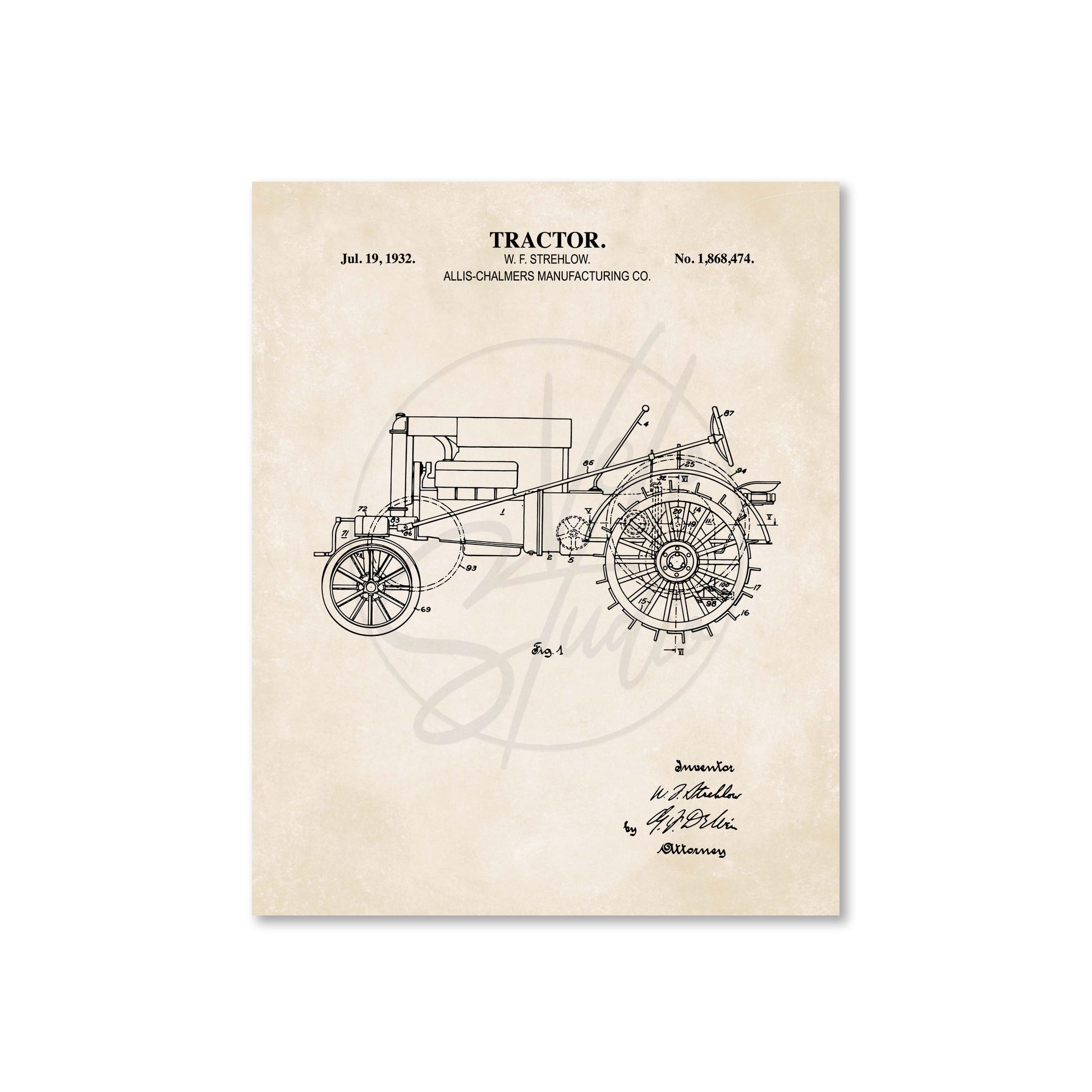 Vintage tractor patent illustration on a beige background