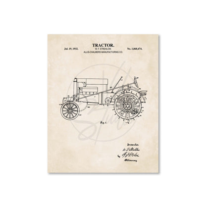 Vintage tractor patent illustration on a beige background
