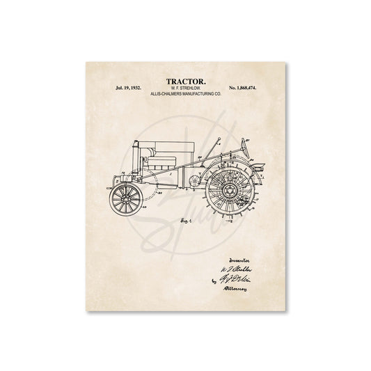 Vintage tractor patent illustration on a beige background