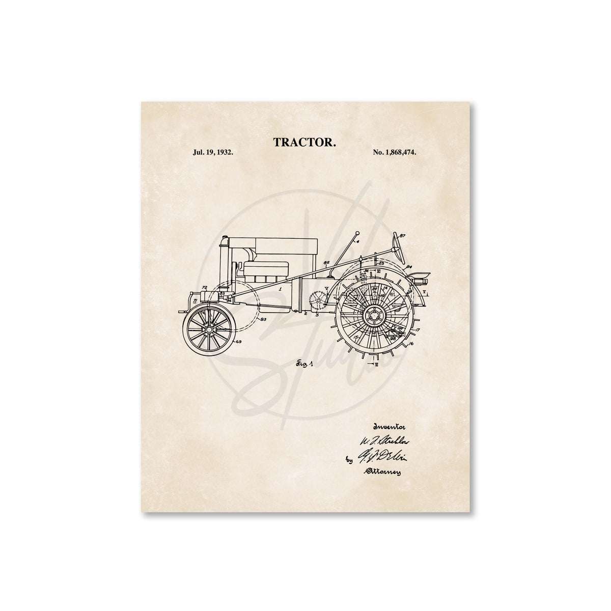 Tractor Wall Art - 1932 Tractor Patent Art - Ready to Frame Print