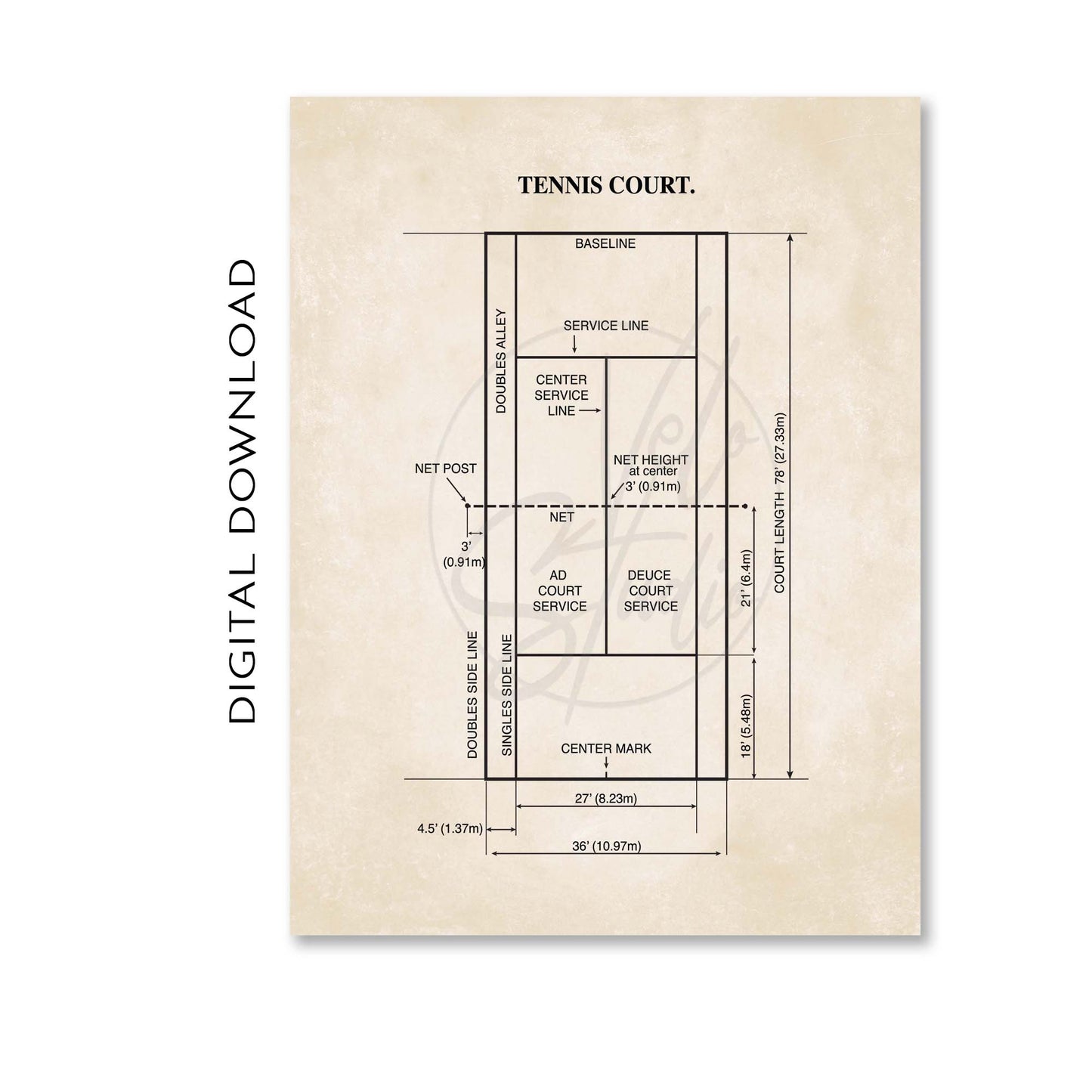 Tennis Court Diagram Poster - PRINTABLE DIGITAL DOWNLOAD