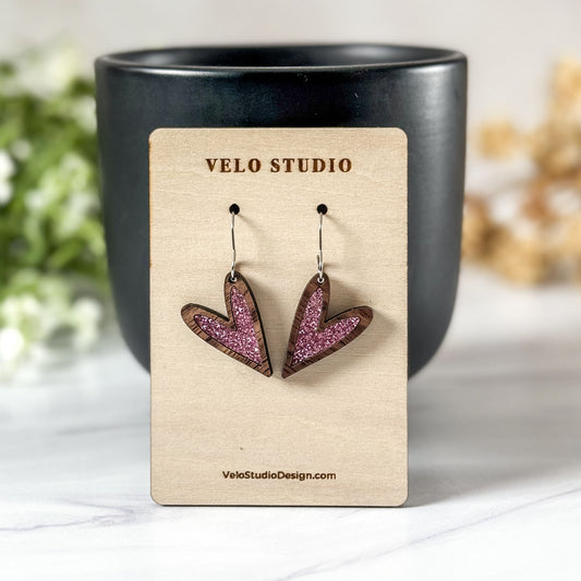Pink Glitter Heart Dangle Earrings