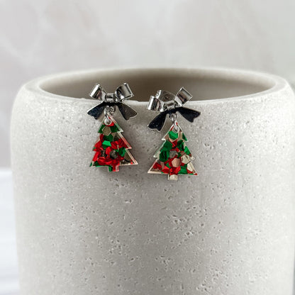 Christmas Tree with Bow - Petite Dangle Earrings