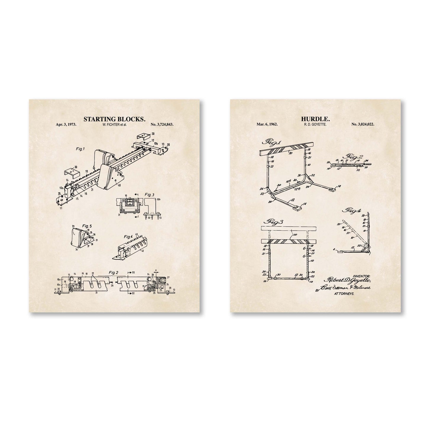 Track & Field Wall Art - Hurdle and Starting Blocks Patent Prints -  Set of 2 Physical Prints