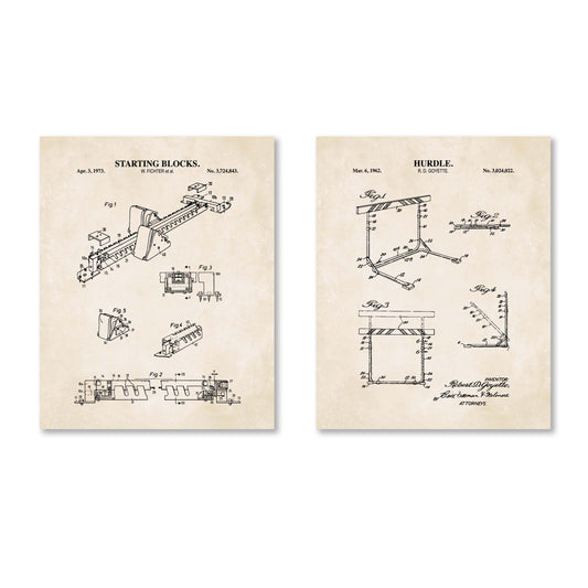 Track & Field Wall Art - Hurdle and Starting Blocks Patent Prints -  Set of 2 Physical Prints