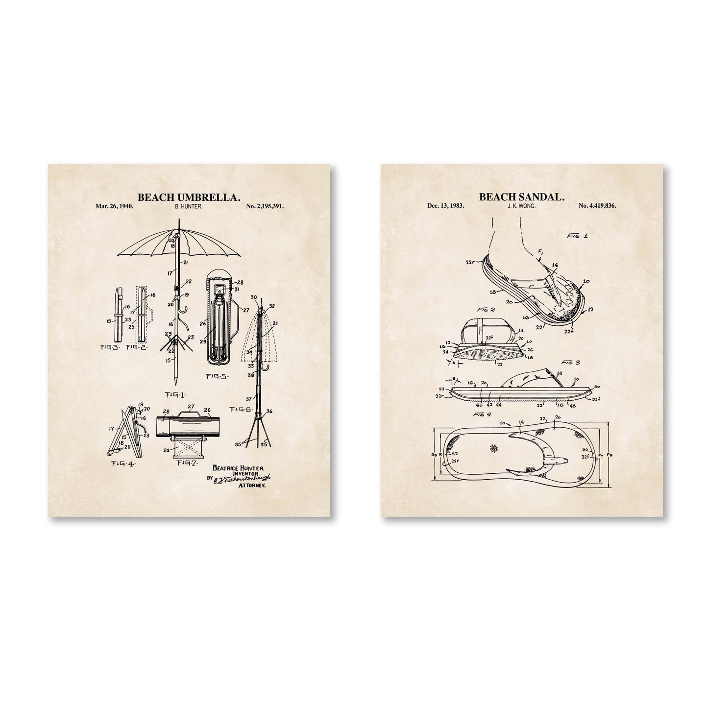 Beach Wall Art Set of 2 -  Flip Flop and Umbrella - Ready to Frame Prints