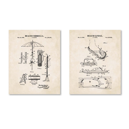 Beach Wall Art Set of 2 -  Flip Flop and Umbrella - Ready to Frame Prints