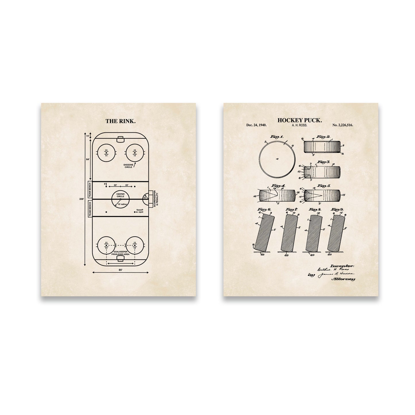 Hockey Wall Art Set - Puck Patent & Rink Diagram - Ready to Frame Prints