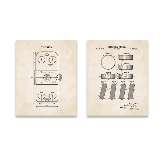 Hockey Wall Art Set - Puck Patent & Rink Diagram - Ready to Frame Prints