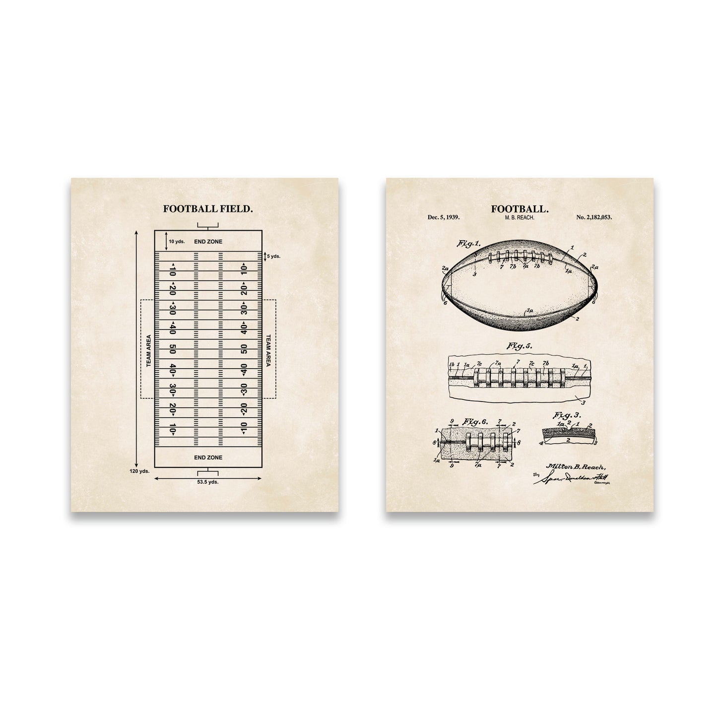 Football Wall Art Set - Football Patent & Field Diagram - Ready to Frame Prints