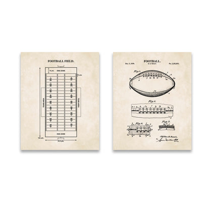 Football Wall Art Set - Football Patent & Field Diagram - Ready to Frame Prints