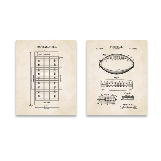 Football Wall Art Set - Football Patent & Field Diagram - Ready to Frame Prints