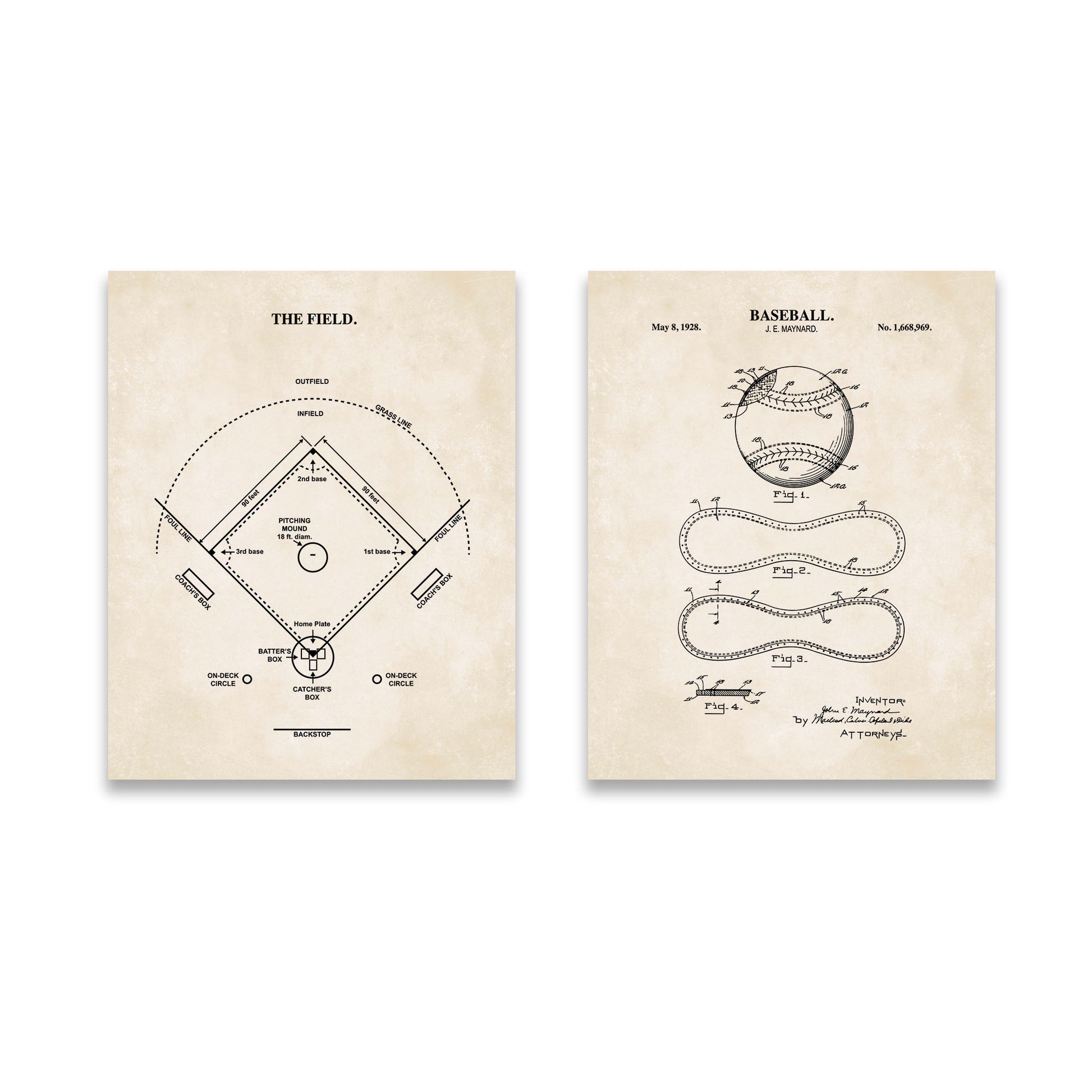 Two vintage-style patent art prints on a white background. The left print shows a baseball field diagram titled "THE FIELD.
