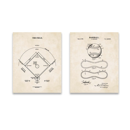 Two vintage-style patent art prints on a white background. The left print shows a baseball field diagram titled "THE FIELD.