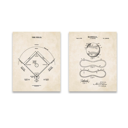 Two vintage-style patent art prints on a white background. The left print shows a baseball field diagram titled "THE FIELD.