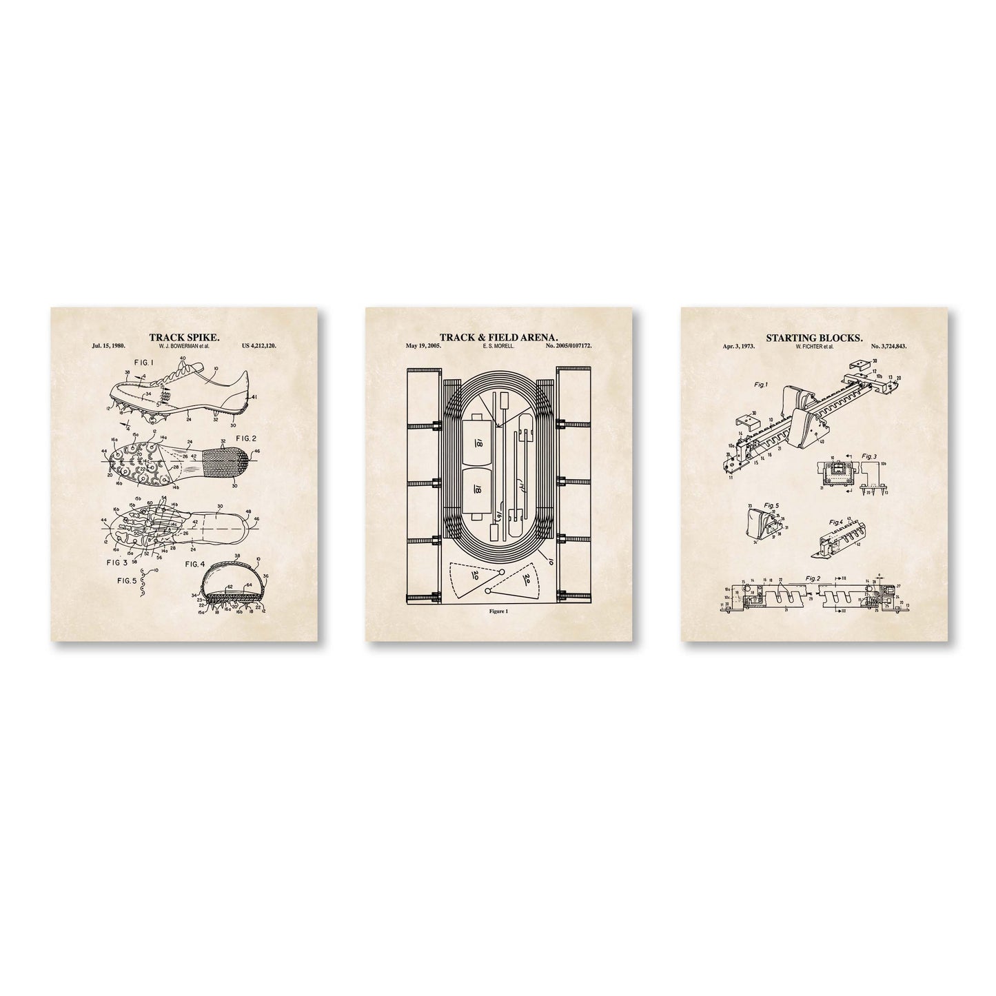 Three framed prints of track and field-related patent illustrations on a white background.