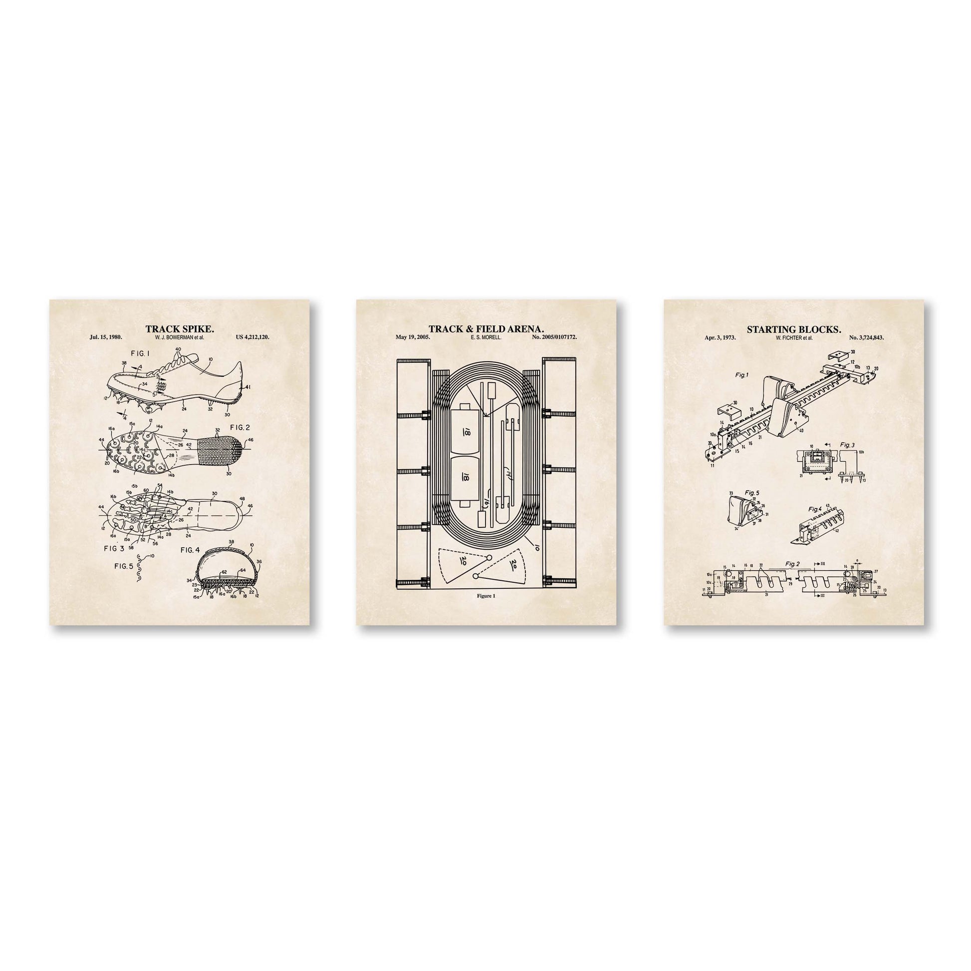 Three framed prints of track and field-related patent illustrations on a white background.