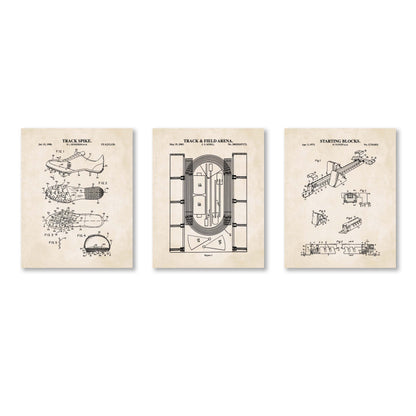 Three framed prints of track and field-related patent illustrations on a white background.
