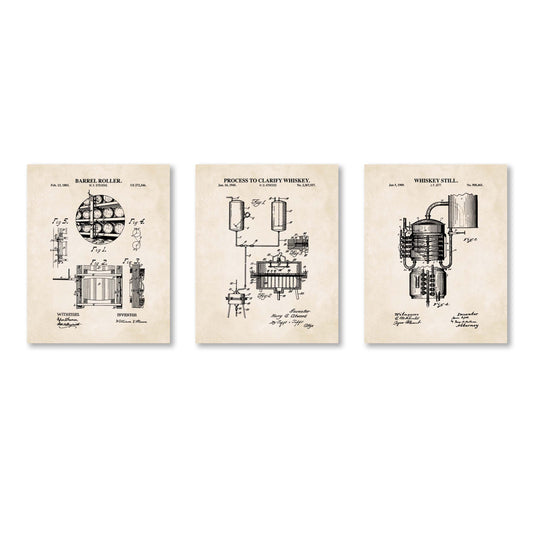 Three framed posters with vintage whiskey production process illustrations on a white background.