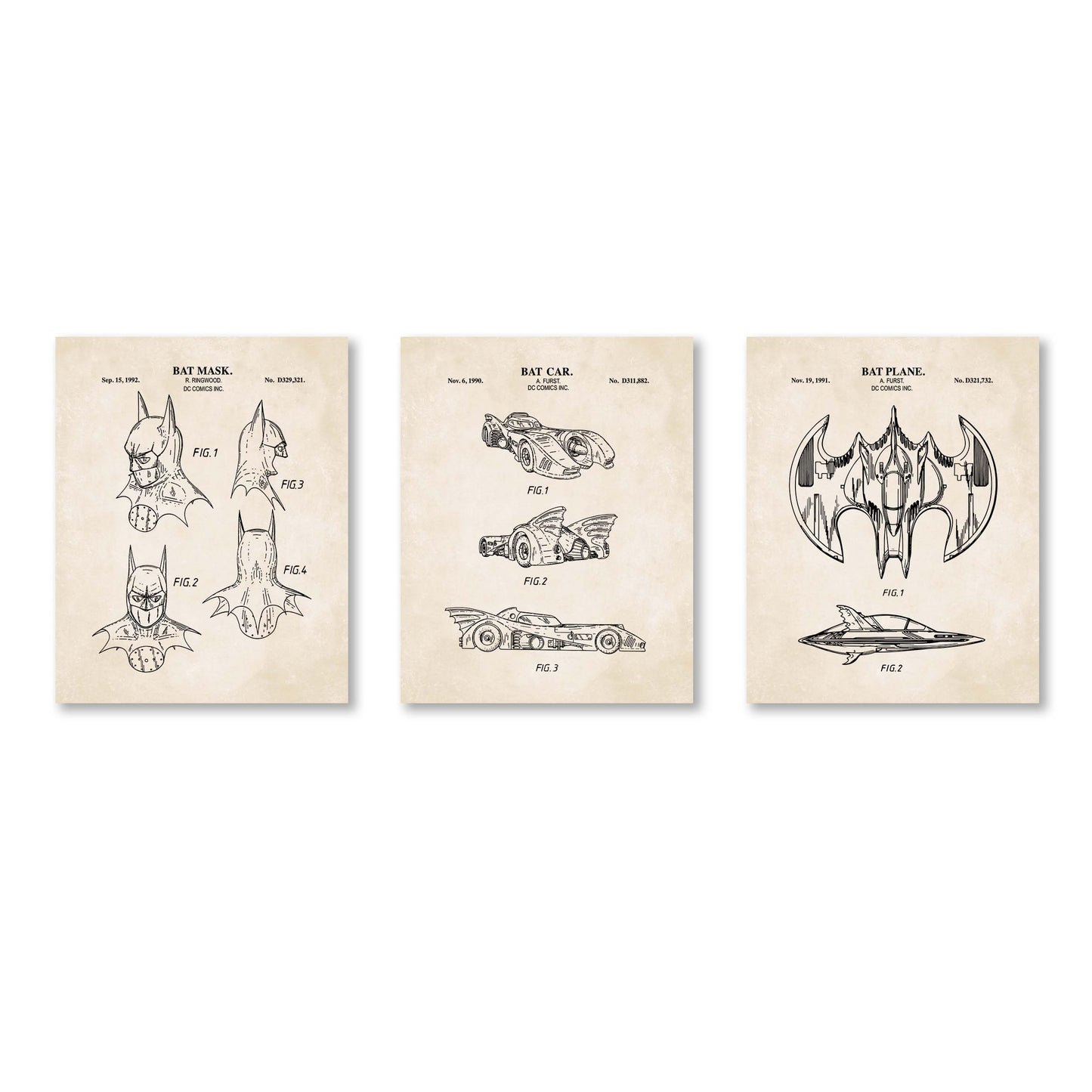 Bat Superhero Patent Print Wall Art - Set of 3 Physical Prints