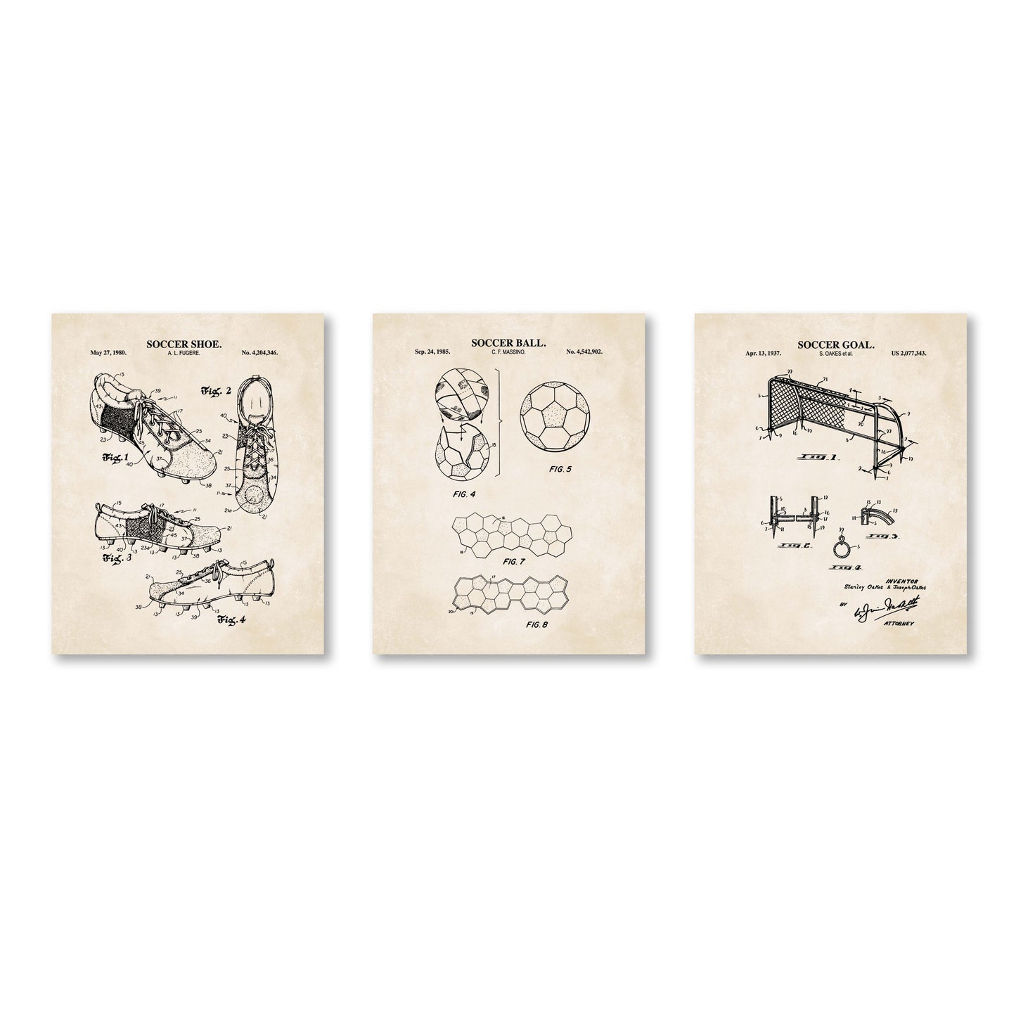Soccer Patent Wall Art Set - Goal, Shoe, Ball - Ready to Frame Prints