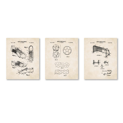 Soccer Patent Wall Art Set - Goal, Shoe, Ball - Ready to Frame Prints