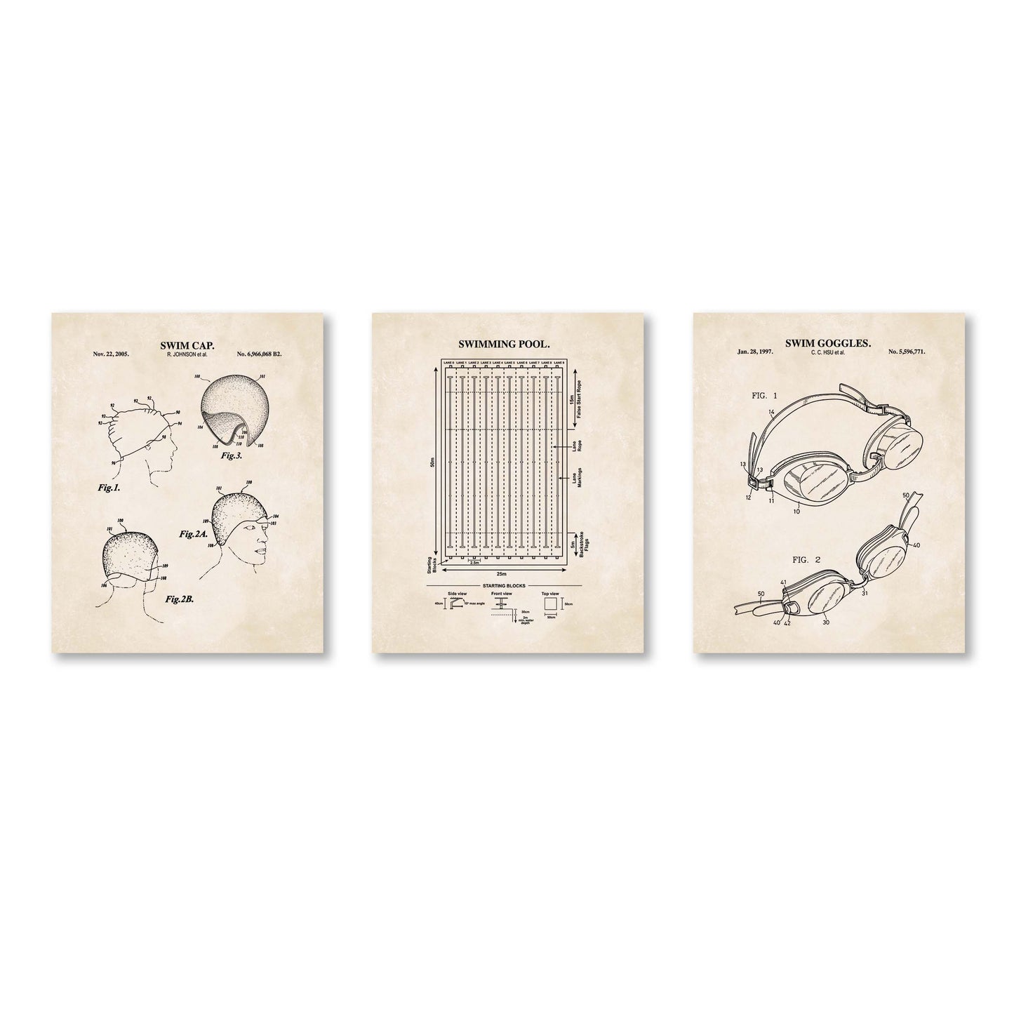 Three vintage-style patent posters on a white background
