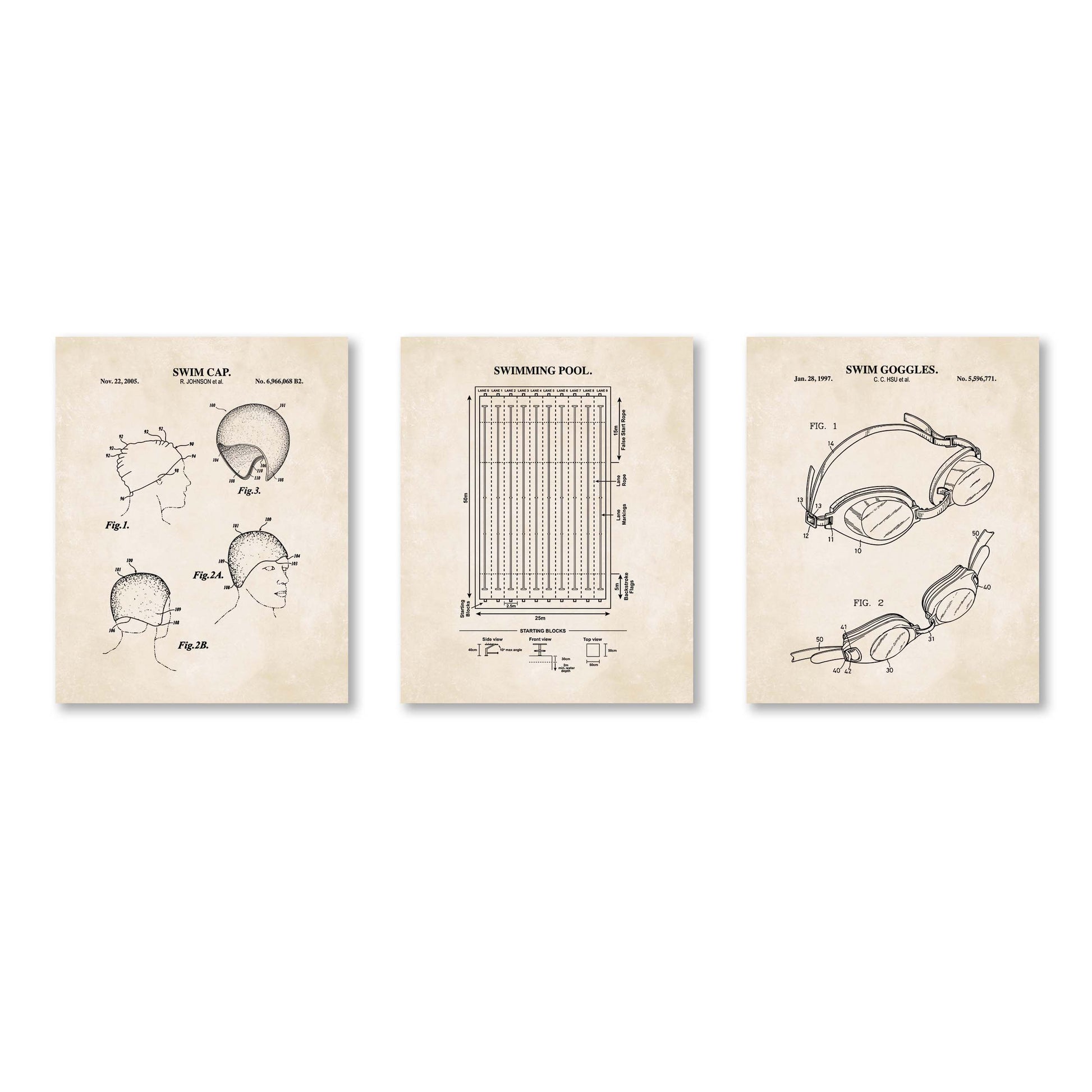 Three vintage-style patent posters on a white background