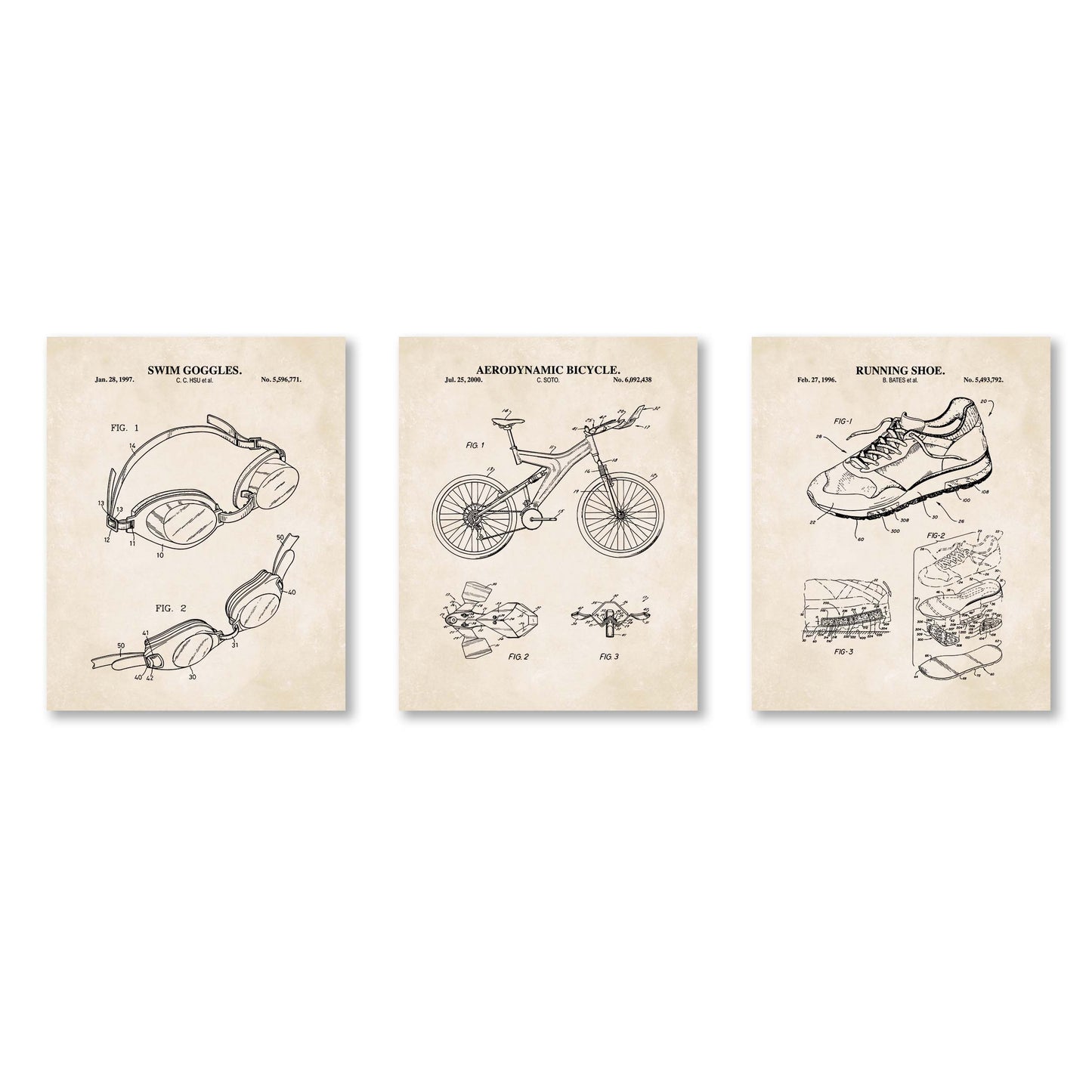 Three framed patent prints of swim goggles, bicycle, and running shoe on a white background.