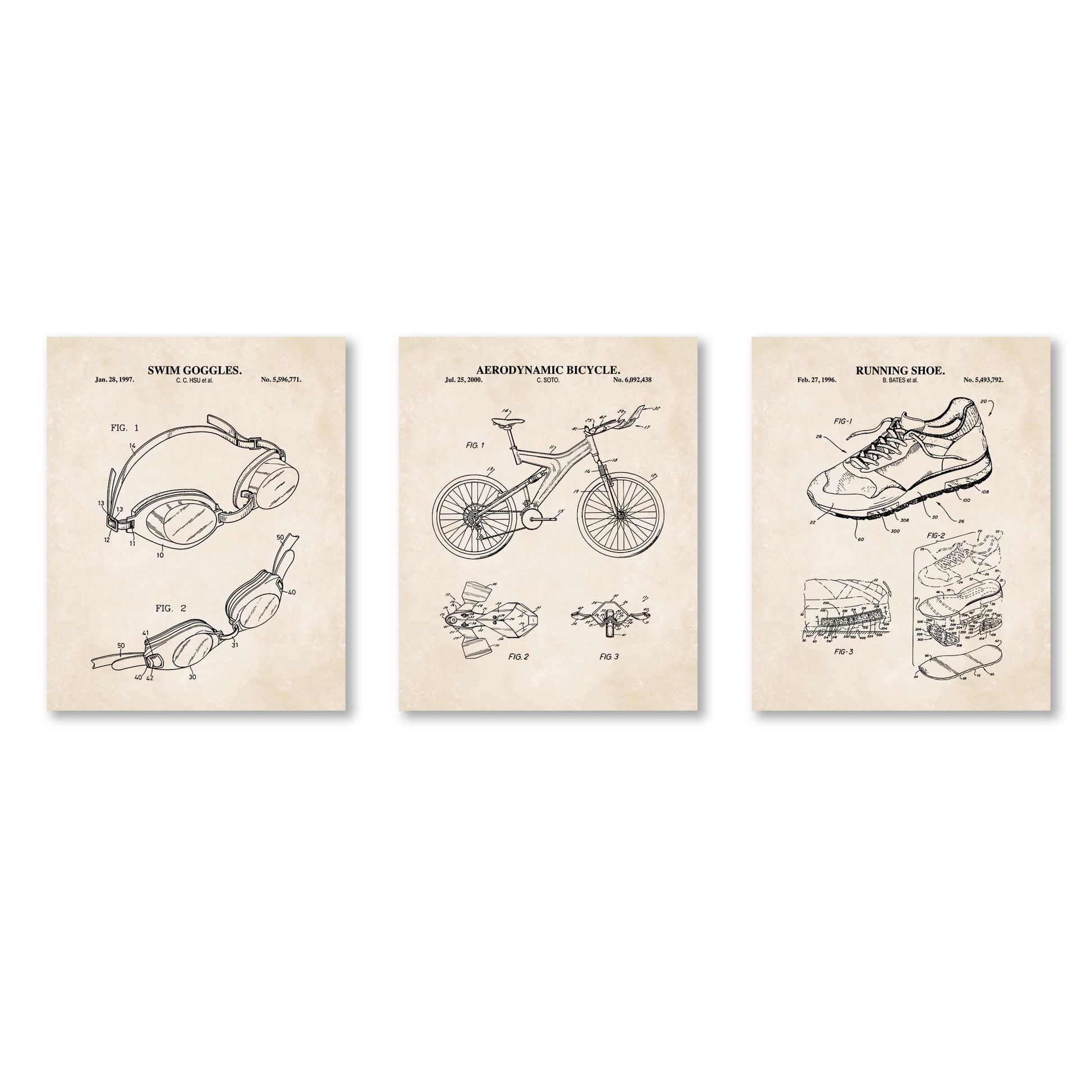 Three framed patent prints of swim goggles, bicycle, and running shoe on a white background.