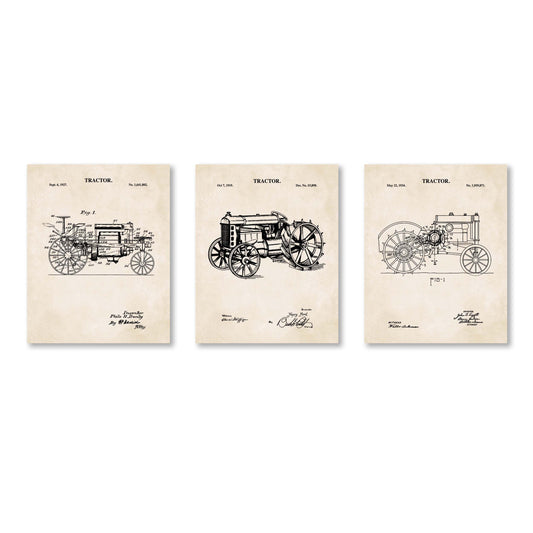 Antique Tractor Patent Print Wall Art - Set of 3 Ready to Frame Prints