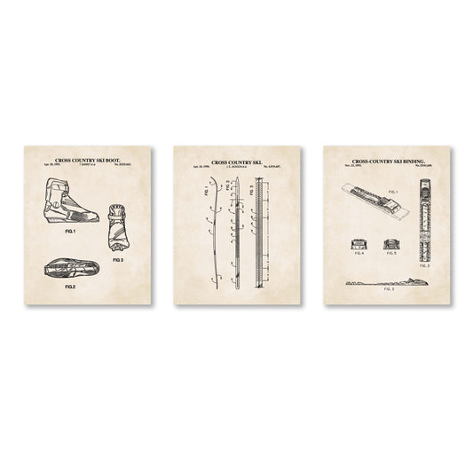 Three vintage-style patent art prints showing cross-country ski boot, ski, and binding details on an off-white background.
