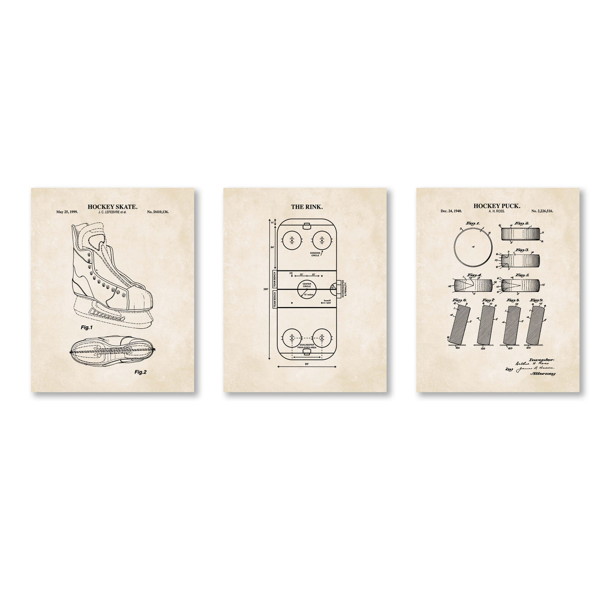 Hockey Wall Art Set - Skate, Puck & Rink - Ready to Frame Prints