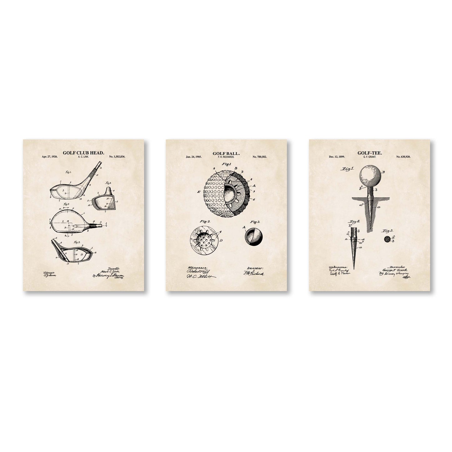 Set of three vintage-style golf posters on a white background