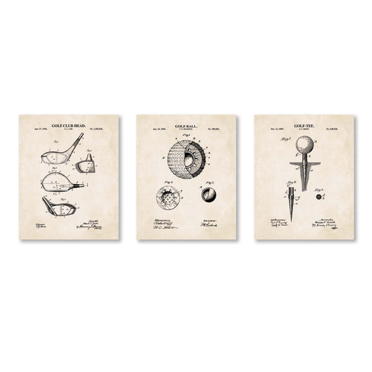 Set of three vintage-style golf posters on a white background