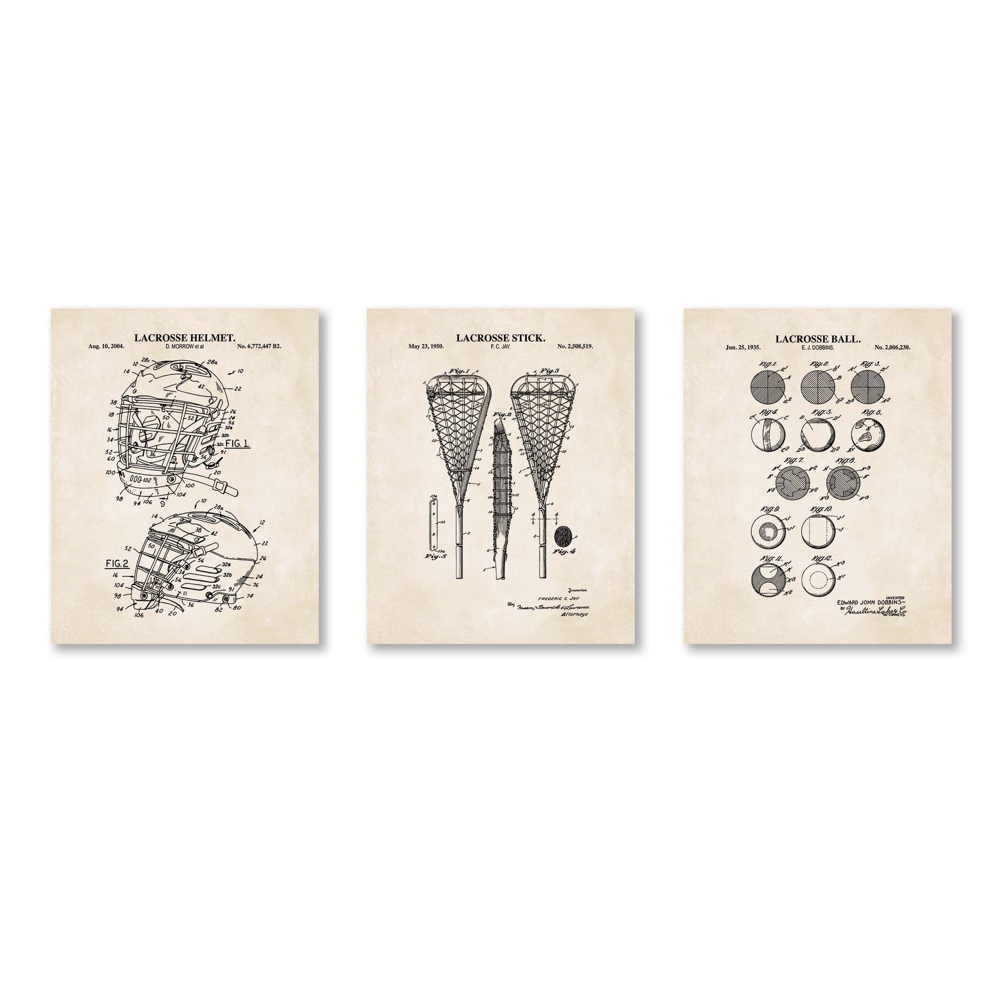Set of three lacrosse-themed prints on a vintage beige background