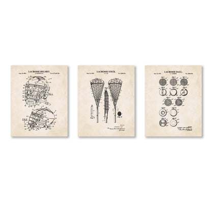 Set of three lacrosse-themed prints on a vintage beige background