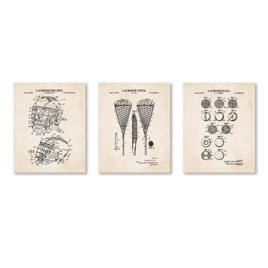 Set of three lacrosse-themed prints on a vintage beige background