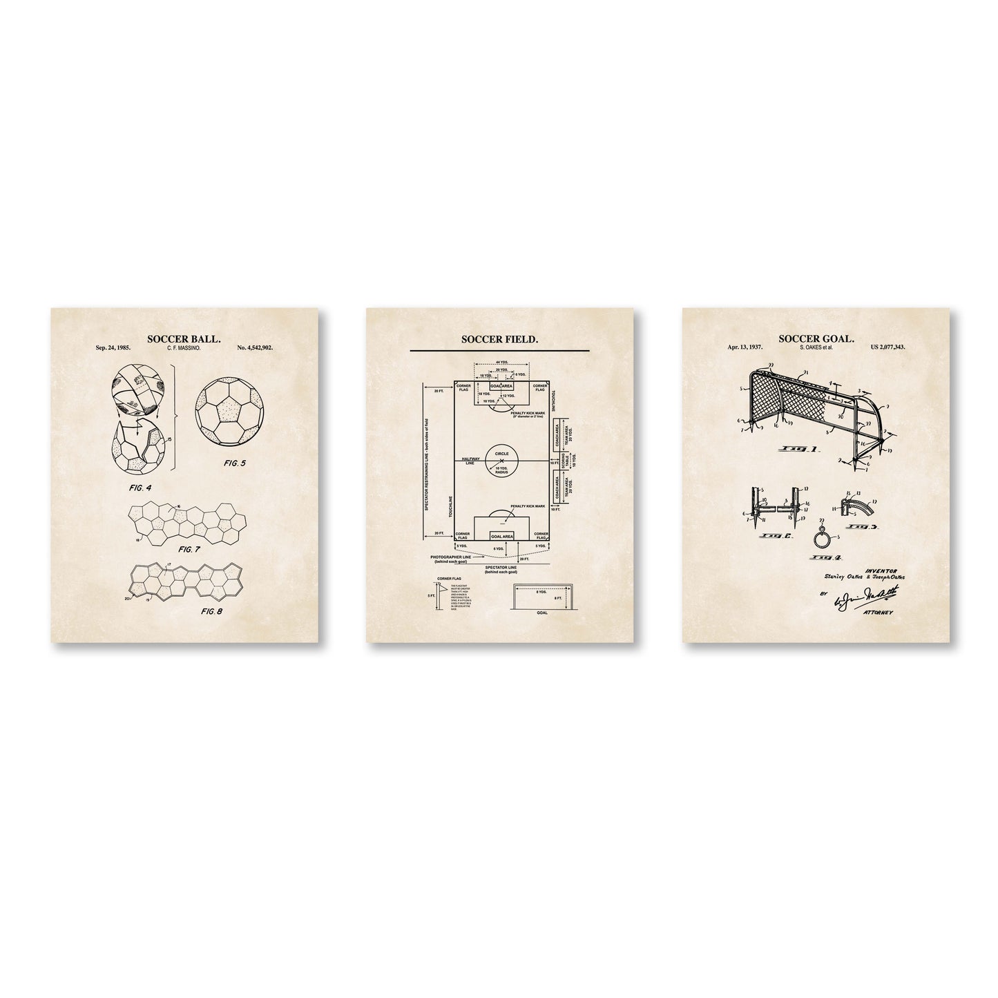 Three vintage-style soccer patent art prints displayed side by side on a white background. The prints feature black technical drawings and text on an aged beige paper texture, depicting a soccer ball, soccer field, and soccer goal.