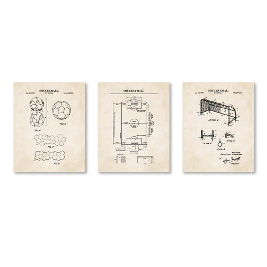 Three vintage-style soccer patent art prints displayed side by side on a white background. The prints feature black technical drawings and text on an aged beige paper texture, depicting a soccer ball, soccer field, and soccer goal.