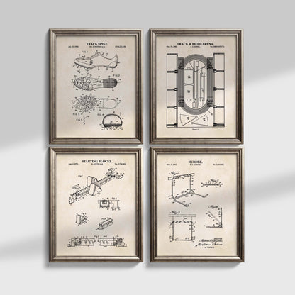 Four framed track and field prints with architectural drawings on a light gray background