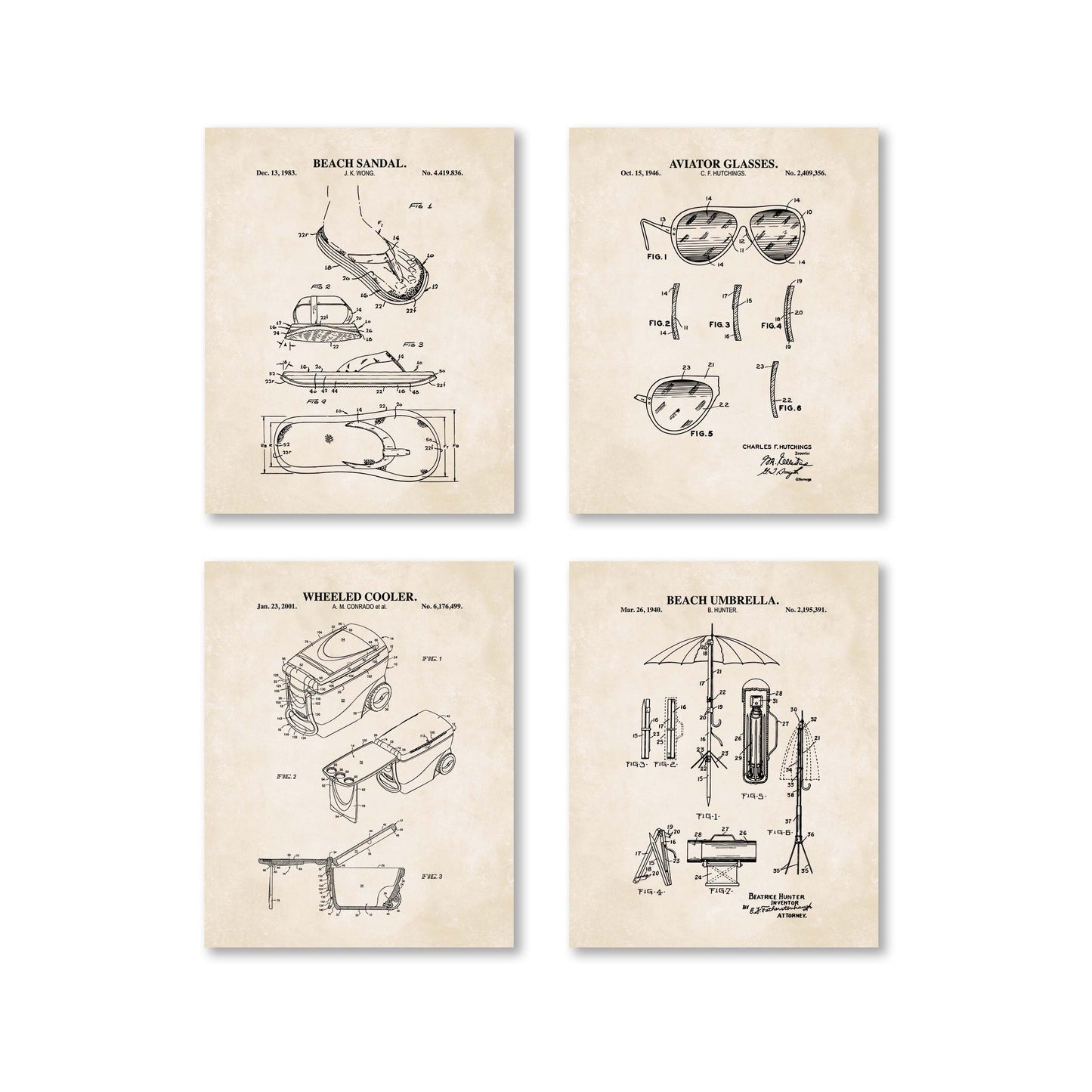 Four beach themed patent-style posters on a beige background