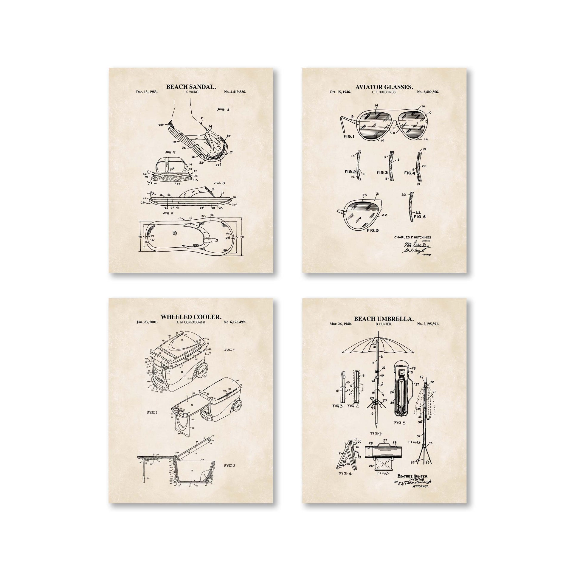 Four beach themed patent-style posters on a beige background