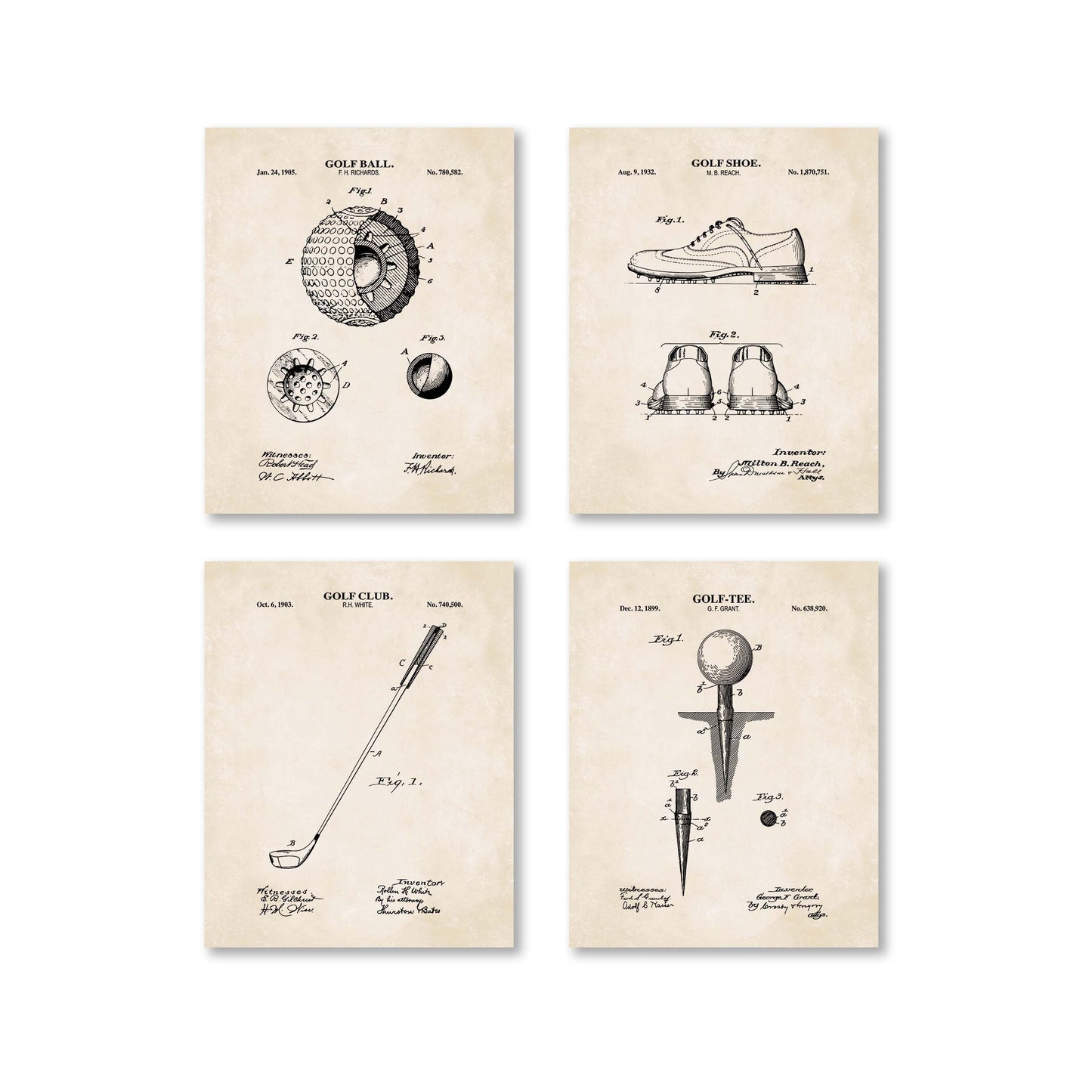 Set of four vintage-style golf poster prints on a white background