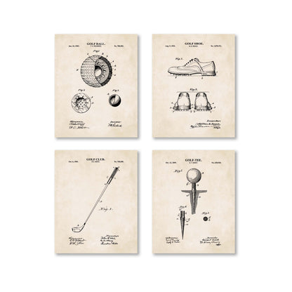 Set of four vintage-style golf poster prints on a white background